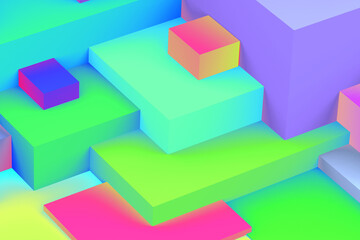 Obraz premium Abstract geometric cubic holographic colorful in neon lights background. isometric 3d render.