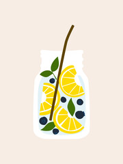 juice in a glass. Fruit infused water mix lemon, blueberry, strawberry, kiwi and mint in mason jar mugs and striped straw element Vector Illustration web. Fruit and vegetable in a water for Detox and 