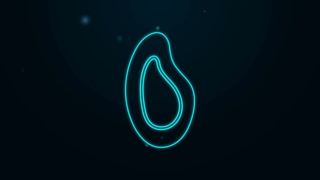 Glowing neon line Mussel icon isolated on black background. Fresh delicious seafood. 4K Video motion graphic animation