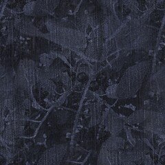 Seamless patterned denim jean for repeat print. High quality illustration. Grungy trendy street wear design. Real detailed denim texture with leaf foliage pattern overlay. Navy blue deep dark colors.