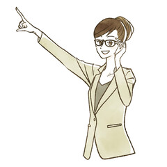 人差し指をさしているスーツ姿の女性