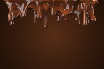 Close up Chocolate Dripped on Brown color background. 3D Render.