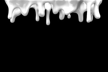Close up White Milk Dripped on black color background. 3D Render.