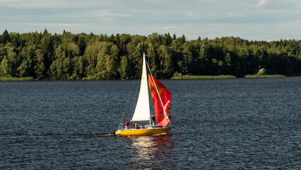 Summer day. pleasure yacht on the Volga river.