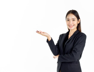 Pretty business woman in suit isolated on white background.