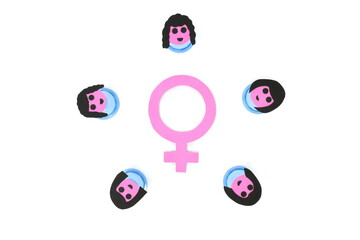 Pink female symbol with a group of women character flat lay in white background. Feminism concept.