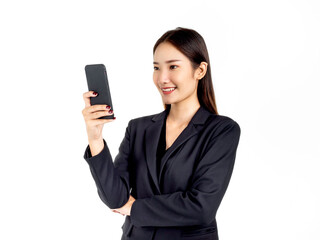 A young attractive Asian businesswoman in suit using smartphone.