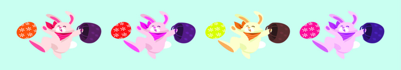 set of rabbit cartoon design template with various models for happy easter. vector illustration isolated on blue background