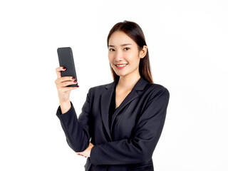 A young attractive Asian businesswoman in suit using smartphone.