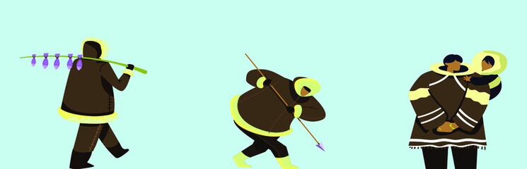 set of eskimo cartoon character design template with various models. vector illustration isolated on blue background