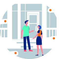 man and woman conversation in front of building