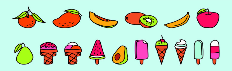 set of summer food cartoon icon design template with various models. avocado, ice cream and more. vector illustration isolated on blue