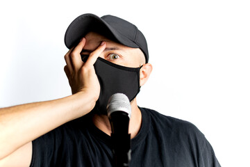 Singer conference speaker wearing face mask