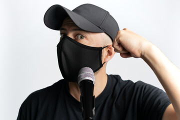 Singer conference speaker wearing face mask