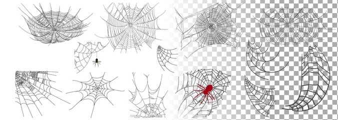 Set of different spiderwebs isolated on transparent background, easy to print. Halloween set with web. Vector Illustration.