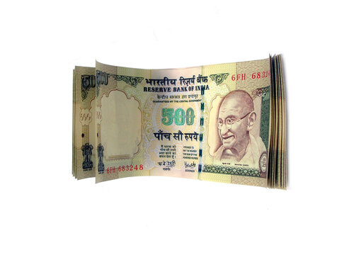 Close-up of Indian currency or INR 500 bank notes ,isolated on white