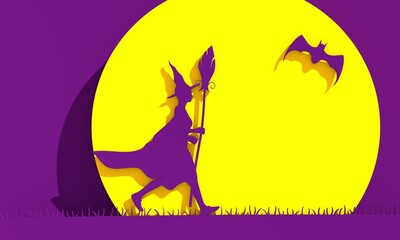 Halloween holiday background. Running witch with broomstick. Flying bat. 3D rendering