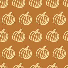 Seamless pumpkin pattern on orange background. Woodblock print look. Repeatable design in fall tones for scrapbooking, invitations, fabrics, packaging, backgrounds, & fall projects. 