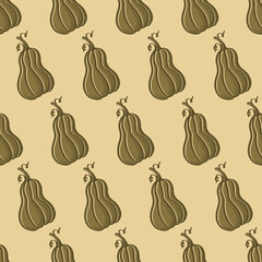 Seamless gourd pattern on tan/yellow background. Woodblock print look. Repeatable design in autumn tones for scrapbooking, invitations, fabrics, packaging, backgrounds, & fall projects. 