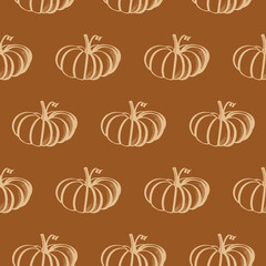Seamless pumpkin pattern on rust orange background. Woodblock print look. Repeatable design in autumn tones for scrapbooking, invitations, fabrics, packaging, backgrounds, & fall projects. 