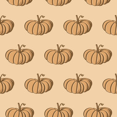 Seamless pumpkin pattern on blush/light orange background. Woodblock print look. Repeatable design in autumn tones for scrapbooking, invitations, fabrics, packaging, backgrounds, & fall projects. 