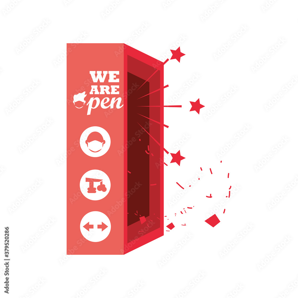 Poster we are open in red box detailed style icon vector design