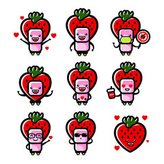 Illustration graphic vector of cute strawberry in set. It is good for drink package sign/symbol