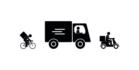 courier delivering parcels, different types of transport, delivery workers icons
