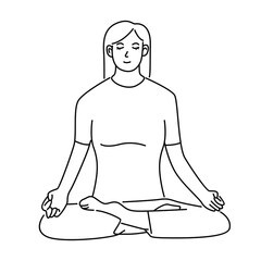 Young woman sitting cross legged on floor and meditating. Meditation, relaxation at home, spiritual practice, yoga and breathing exercise