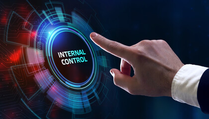 Businessman presses button internal control on virtual screens. Business, Technology, Internet and network concept.