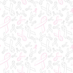 Pink and gray ribbon outline seamless pattern on white background for breast cancer awareness campaign month in october