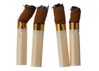 Pile of extinguished cigarette butts isolated on white