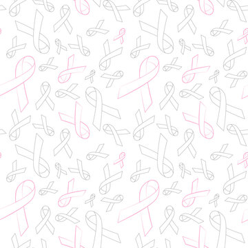 Pink and gray ribbon outline seamless pattern on white background for breast cancer awareness campaign month in october