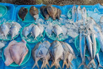 Fresh fish on ice for sale at open air market.