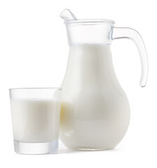 Glass jar and cup of fresh milk isolated