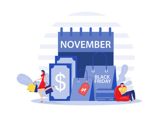 Fototapeta premium black friday shop, people buying on super discount ,Shop online service, promo purchase marketing illustration