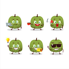 Green pumpkin cartoon character with various types of business emoticons