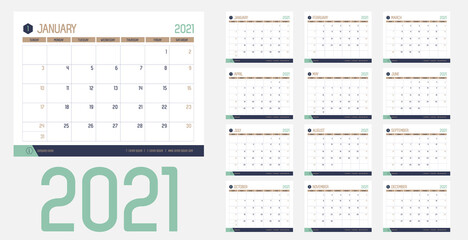 Vector of 2021 new year calendar in modern clean table simple style with blue gold green color,Holiday event planner,Week Starts Sunday.desk calender layout annual calender.timetable for diary
