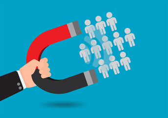 Retention icon. Attracting potential customers. Huge magnet attracts people. Advertising company. Increase sales.