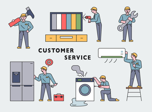 A cute repairman is fixing a home appliance with a huge tool. flat design style minimal vector illustration.