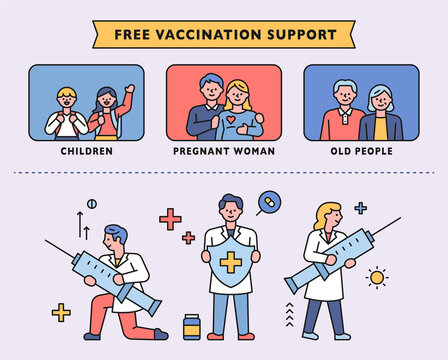 People who can get free vaccinations and doctors fighting viruses with giant syringes. flat design style minimal vector illustration.