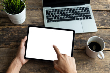 Mockup image tablet, man hand holding tablet pc with blank white screen