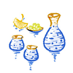 日本酒と銀杏の手描きイラスト