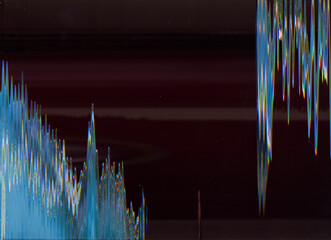 Glitch abstract background. Dust old film texture. Blue defect on burgundy red copy space.
