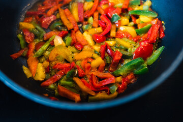 plant-based food, chopped capsicum getting sauteed in a pan