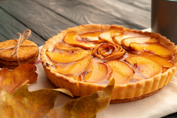 Apple tart pie for Thanksgiving celebration on wooden table