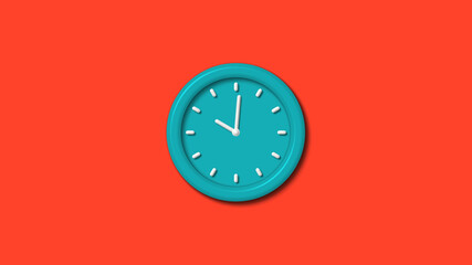 Cyan color 12 hours 3d wall clock isolated on red background,clock icon
