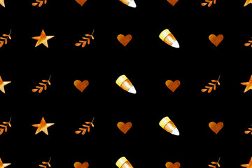 Fall halloween seamless pattern with leaf star heart candy corn elements isolated on black background. Watercolor hand painted  background for tissue paper, fabric, media design