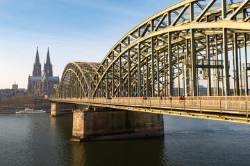 View Cologne Cathedral and Hohenzollern Bridge in Cologne, Germany