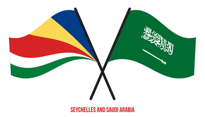 Seychelles and Saudi Arabia Flags Crossed And Waving Flat Style. Official Proportion. Correct Colors